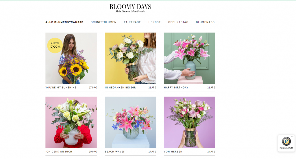 Bildhinweis: Die verschiedenen Produkte sind mit professionellen Fotos der Blumensträuße vor einfarbigen Hintergründen abgebildet.